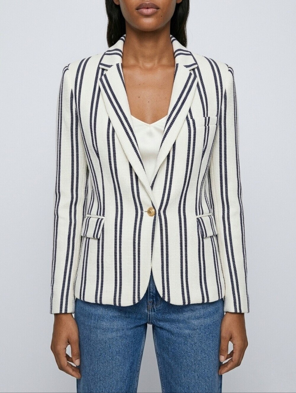 Zara Knit Striped Blazer XS Ivory Navy Gold Button Nautical Preppy